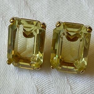 Gold tone metal lemon color emerald cut crystal glass fashion large earrings
